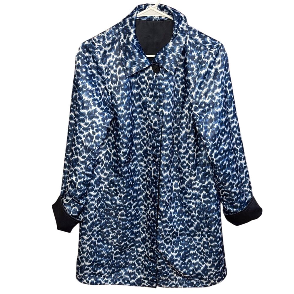 Dennis by Dennis Basso Navy Blue Reversible Satin Coat Leopard Print Pattern S
